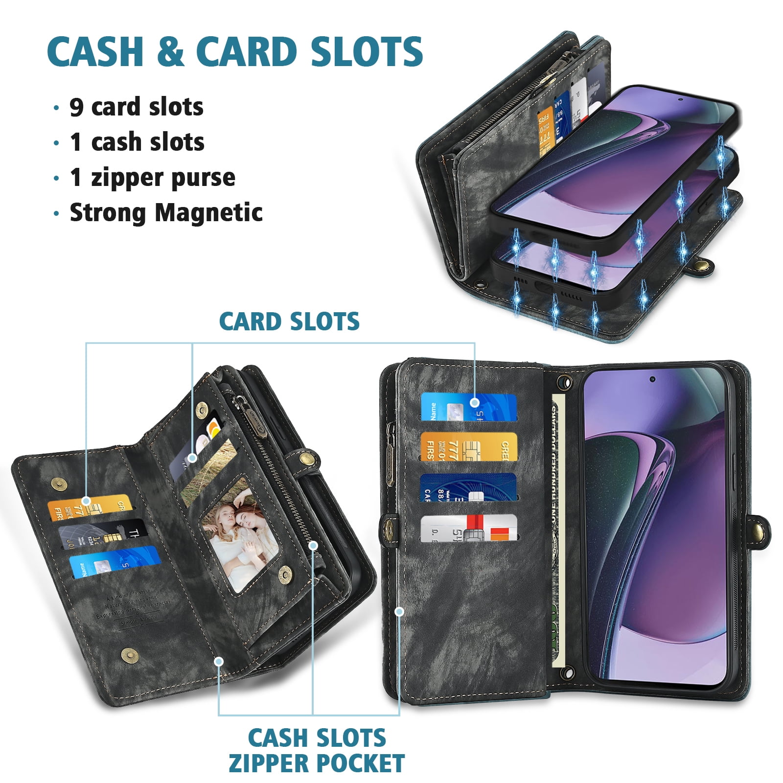 Asuwish Compatible with Motorola Moto G Power 5G 2023 Phone Case Zipper Wallet Detachable Tempered Glass Screen Protector Crossbody Lanyard Strap Flip Card Holder Cell Cover for GPower G5 Women Black