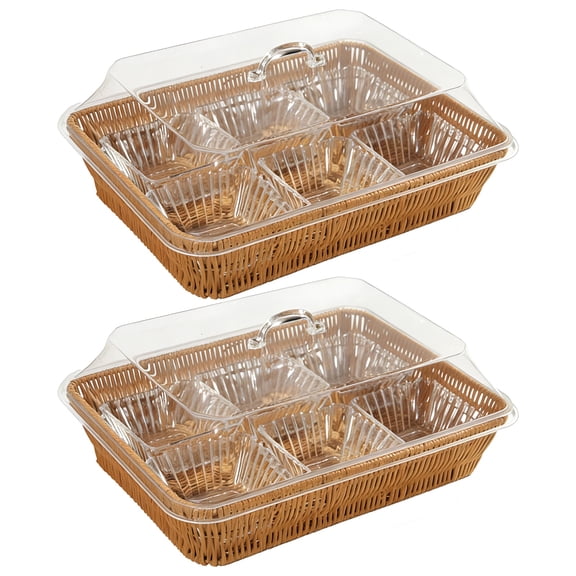 2 Pcs Imitation Rattan Bread Baskets, Rectangular Serving Basket with Acrylic Lid, Hand-Woven Food Storage Container, Brown Plastic Organizer Bin, for Kitchen, Pantry