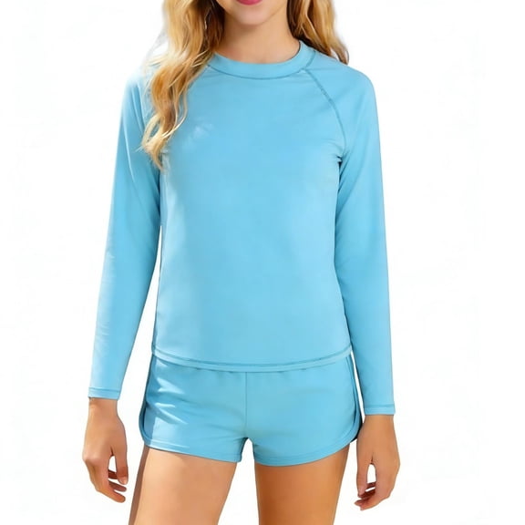 AINIYS Girls Long Sleeve Two Piece Swimsuit Crew Neck Pull On Quick Dry Resistant Beach Surfing Blue 130