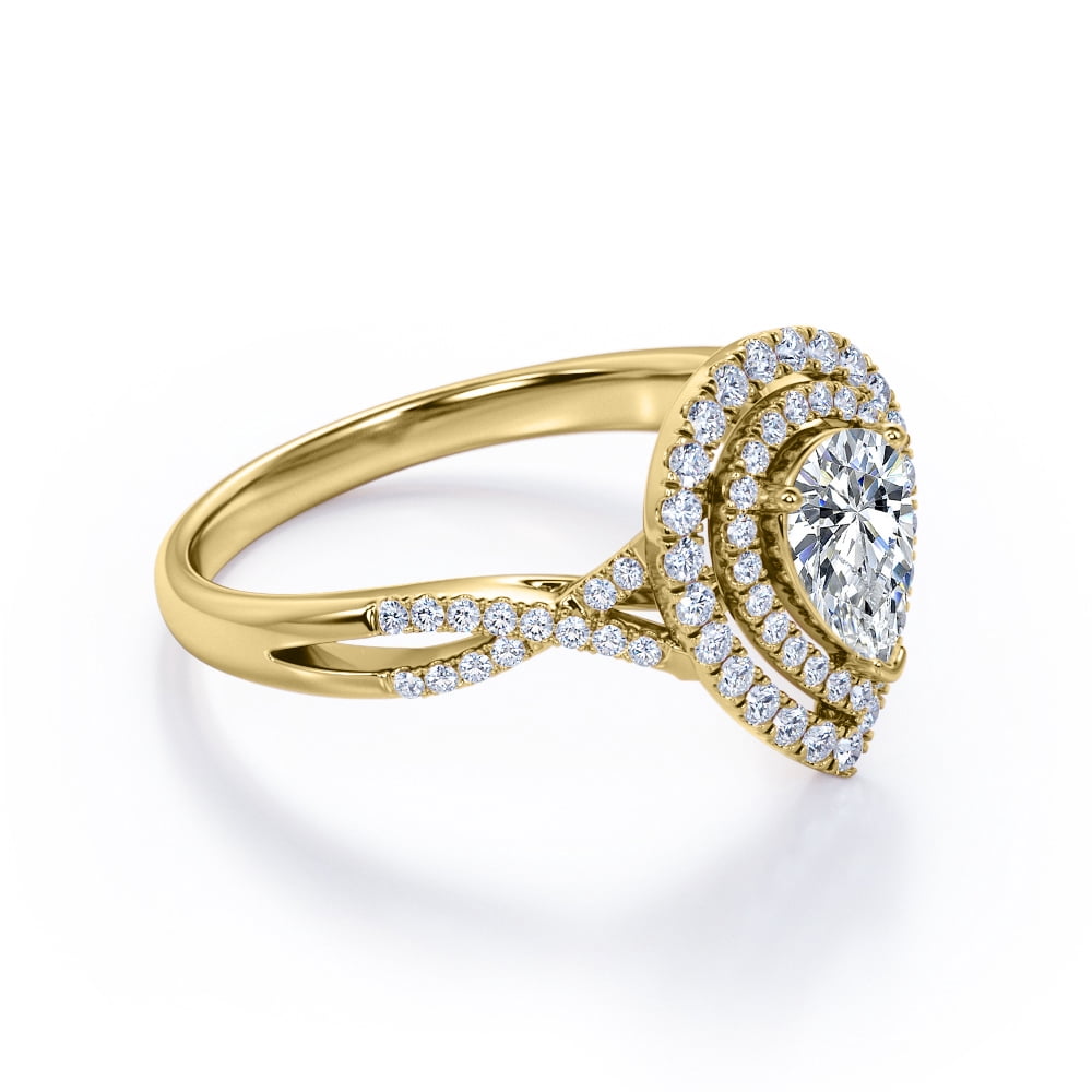 JeenMata 1 Carat Pear Shape Moissanite - Infinity Twisted Shank - Duo Halo Cluster Engagement Ring - 18K Yellow Gold Plating for Women