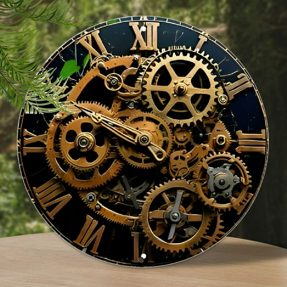 Vintage Gear Clockwork Metal Wall Art - 7.8" Round Aluminum Sign for Bar, Cafe, Beach House & Backyard Decor