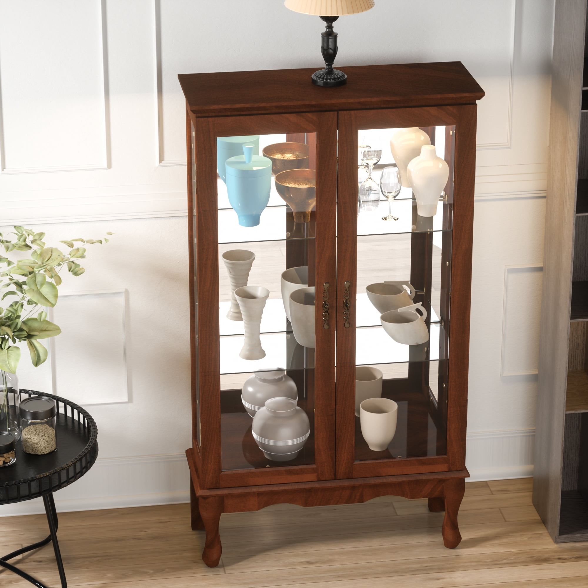 Miniyam 3 Tier Curio Cabinet Lighted Curio Diapaly Cabinet with Adjustable Shelves and Mirrored Back Panel,Walnut