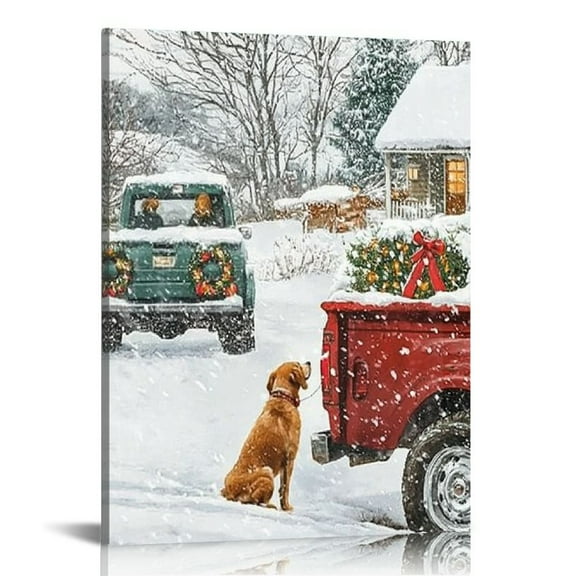 LHONGY Christmas Canvas Wall Art Golden Retriever and Cottage Christmas Tree Covered in Snow with Red Pickup 16x20 in