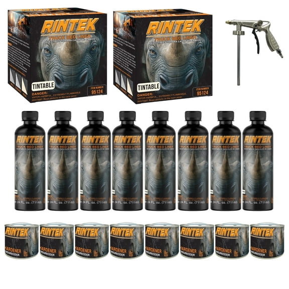 Rintek Tintable 2 Gallon Urethane Spray-On Truck Bed Liner Kit - 4 Bed Liner, 4 Hardeners and 1 Applicator Spray Gun - Easy 3 to 1 Mix Ratio, Just Mix, Shake and Shoot It