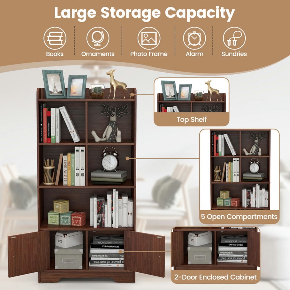 Demi Bonn 4 Tiers Wood Storage Bookcase with 4 Cubes Display Shelf and 2 Doors, Brown