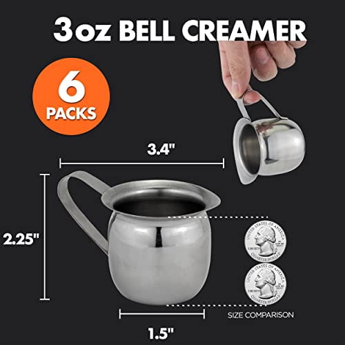 [6 Pack] 3 oz Creamer Pitcher - Stainless Steel Bell Creamers, Mini Cup Container for Serving Milk, Coffee Cream, Salad Dressing, Maple Syrup, Sugar, Espresso Machine for Restaurant, Cafes, Home Use