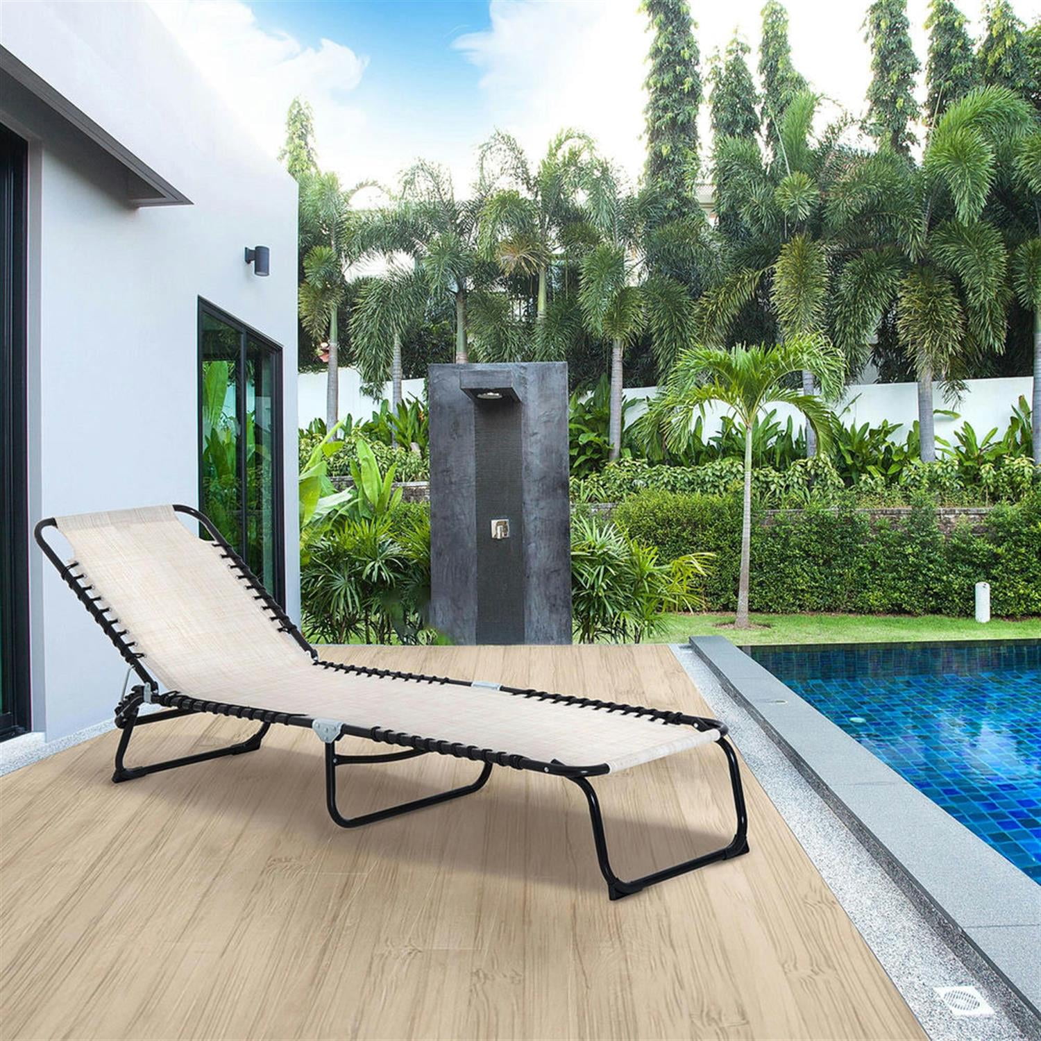 Demi Bonn Outdoor Folding Chaise Lounge with 4-Position Reclining, Mesh Seat & Bungee Back for Beach, Yard, Patio, Beige