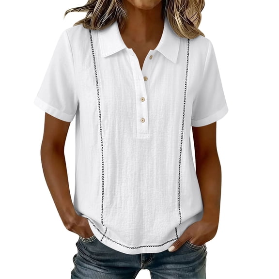 GUACER Women's Embroidered Polo Shirt, Short Sleeve Linen-Blend Collared Top Pintuck Casual Golf & Work Blouse