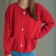 thumbnail image 2 of Byworldtasic Womens Sweaters Women's Button Up Crew Neck Cardigan Long Sleeve Knitted Sweater Outwear With Pockets Red, 2 of 6