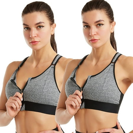 

Elbourn 2Pack Sports Bra Front Closure Women Sports Bra Full Cup Cotton Running Bra for Plus Size （Gary-3XL）
