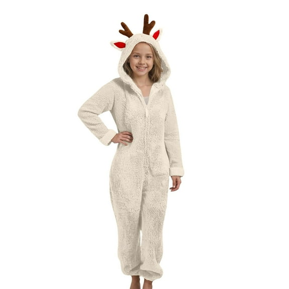 KAUOD Teen Girls Christmas Fuzzy Jumpsuits Fleece Sherpa Soft Warm Hooded Onesie Kids Plain Cute Zip up Winter Bodysuits