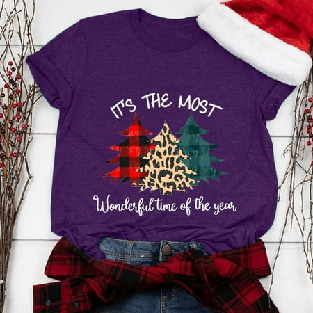 Zpanxa Oversized T Shirts for Women Round Neck T-shirt Lattice Christmas Tree Print T-shirt Short Sleeve T-Shirt Tops Womens Summer Tops Purple M
