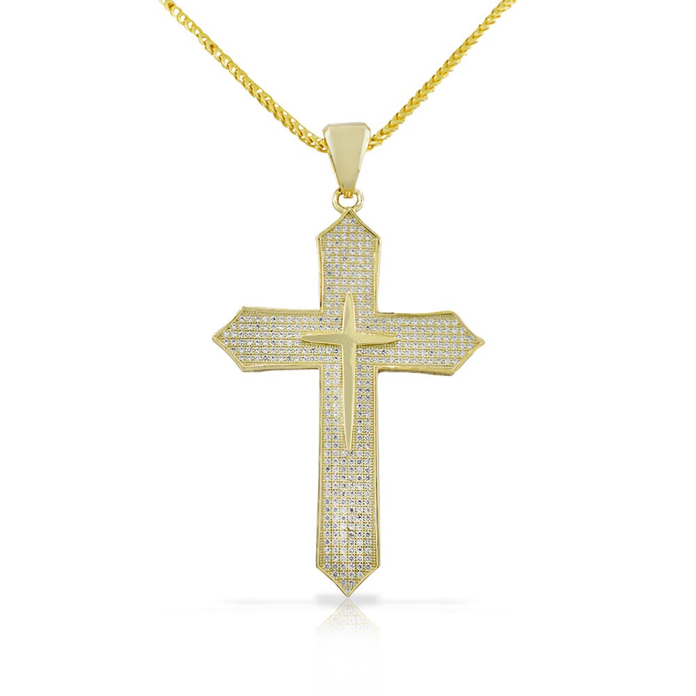 925 Sterling Silver Yellow Gold-Tone Large Hip-Hop CZ Latin Cross ...