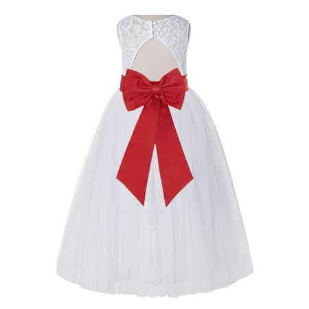 

Ekidsbridal White Lace Tulle Keyhole Back Girl Dresses with Colored Sash Wedding Pageant Junior Bridesmaid 178T 10