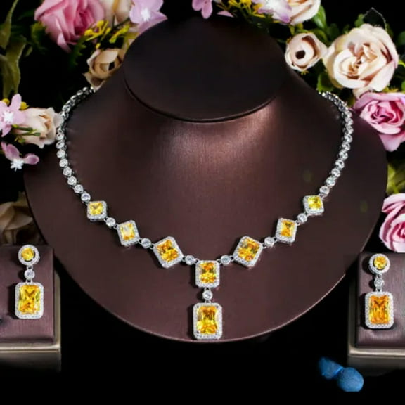 Pink CZ Long Rectangle Drop Earrings Necklace Women Silver Plated Jewelry Set