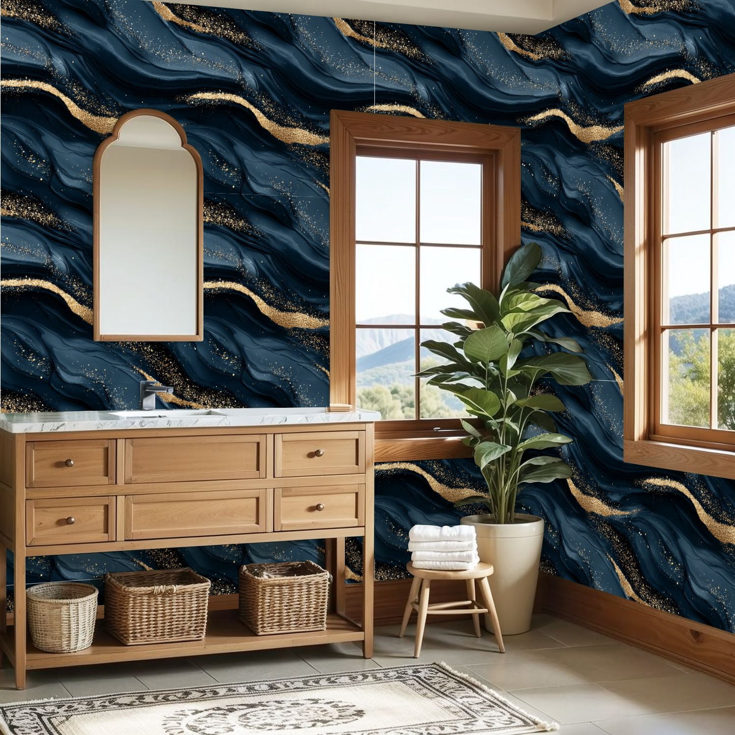 Peel and Stick Wallpaper Abstract Dark Blue Gold Marble Sparkles Wall Mural 23.6in x 9.8ft Self Adhesive Removable Wall Paper Renter Friendly Wallpaper for Nursery Bedroom Cabinets