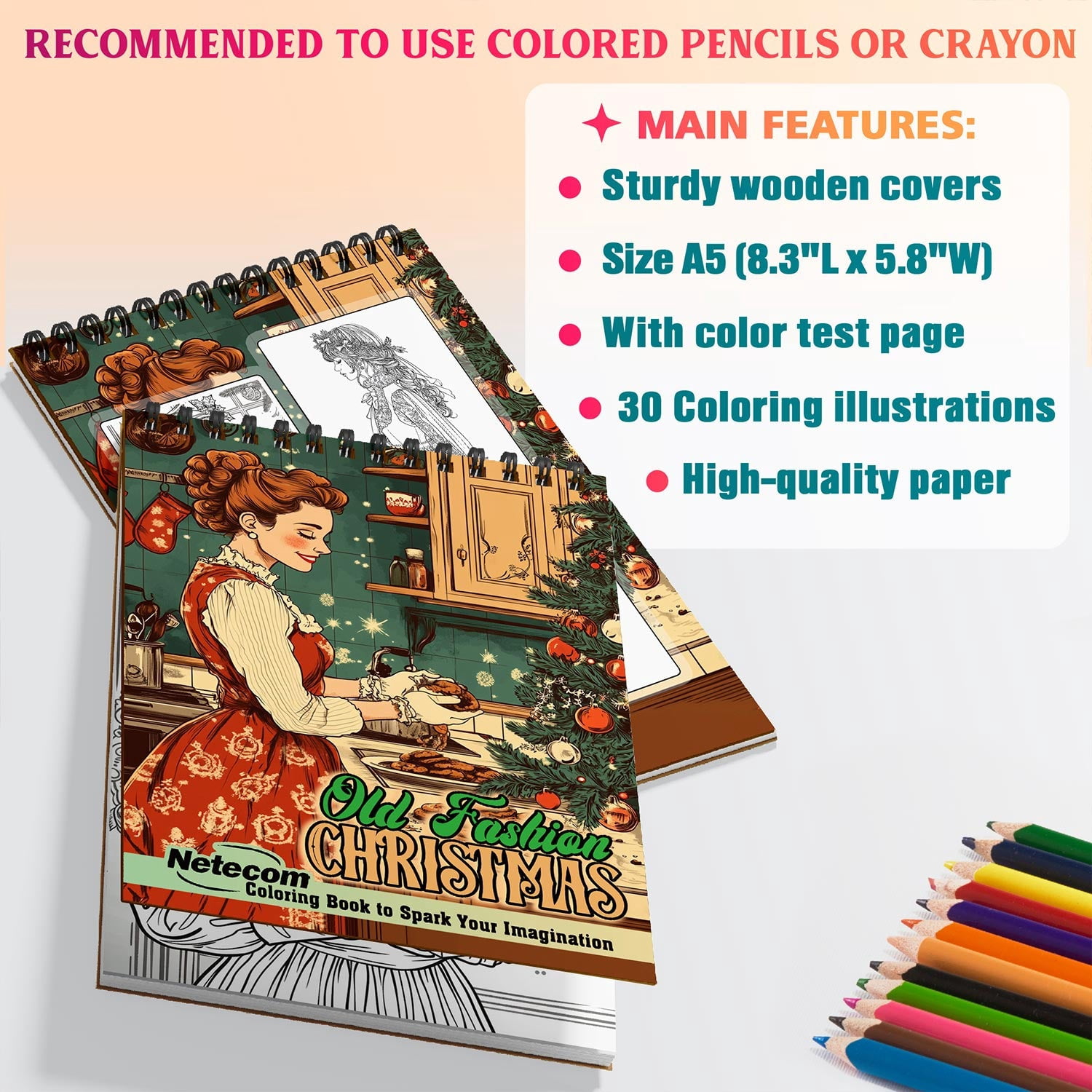 Netecom Old Fashion Christmas Coloring Book Spiral Bound for Adults, A5 Wooden Cover, 30 Vintage Coloring Pages of Winter Holiday for Stress Relief and Relaxation