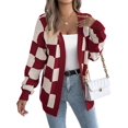 thumbnail image 2 of Women'S Autumn and Winter Contrast Color Plaid Lantern Sleeve Cardigan Sweater Mid-Length Coat Wine Red L, 2 of 9