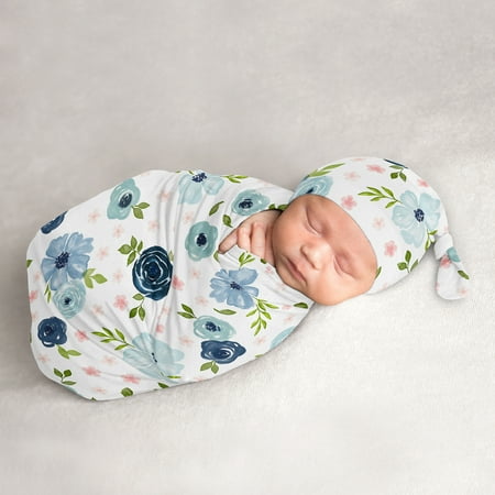 UPC: 0846480084945 | Watercolor Floral Navy Blue and Pink Baby Cocoon and Beanie Hat Sleep Sack Set by Sweet Jojo Designs