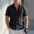 thumbnail image 5 of YLSDY Men's Military Style Linen-Blend Shirt, Double Breasted Gold Buttons, Short Sleeve Button-Down Casual Top Black L, 5 of 6