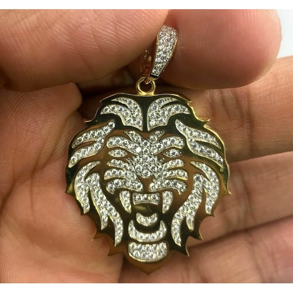 Aishvi Jewels 2.30 Ct Round Cut Moissanite Men's ''KING LION HEAD'' Charm Pendant With 18" Chain 14K Yellow Gold Plated 925 Sterling Silver