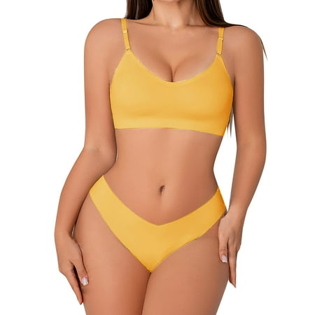WTXUE Women 2 Seamless Intimates Set Full Coverage Everyday Padded Bra and Panty Sets Crop  Matching Underwear (Yellow  L)