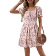 thumbnail image 5 of Square Neck Womens Boho Floral Smocked Short Sleeve Ruffle Beach Summer Mini Dress, 5 of 7