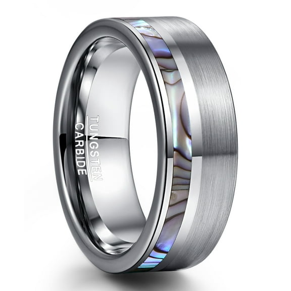 8MM Men's Natural Abalone Shell Tungsten Carbide Ring Brushed Finish Polished Center Flat Edges Comfort Fit Size 7 to 12