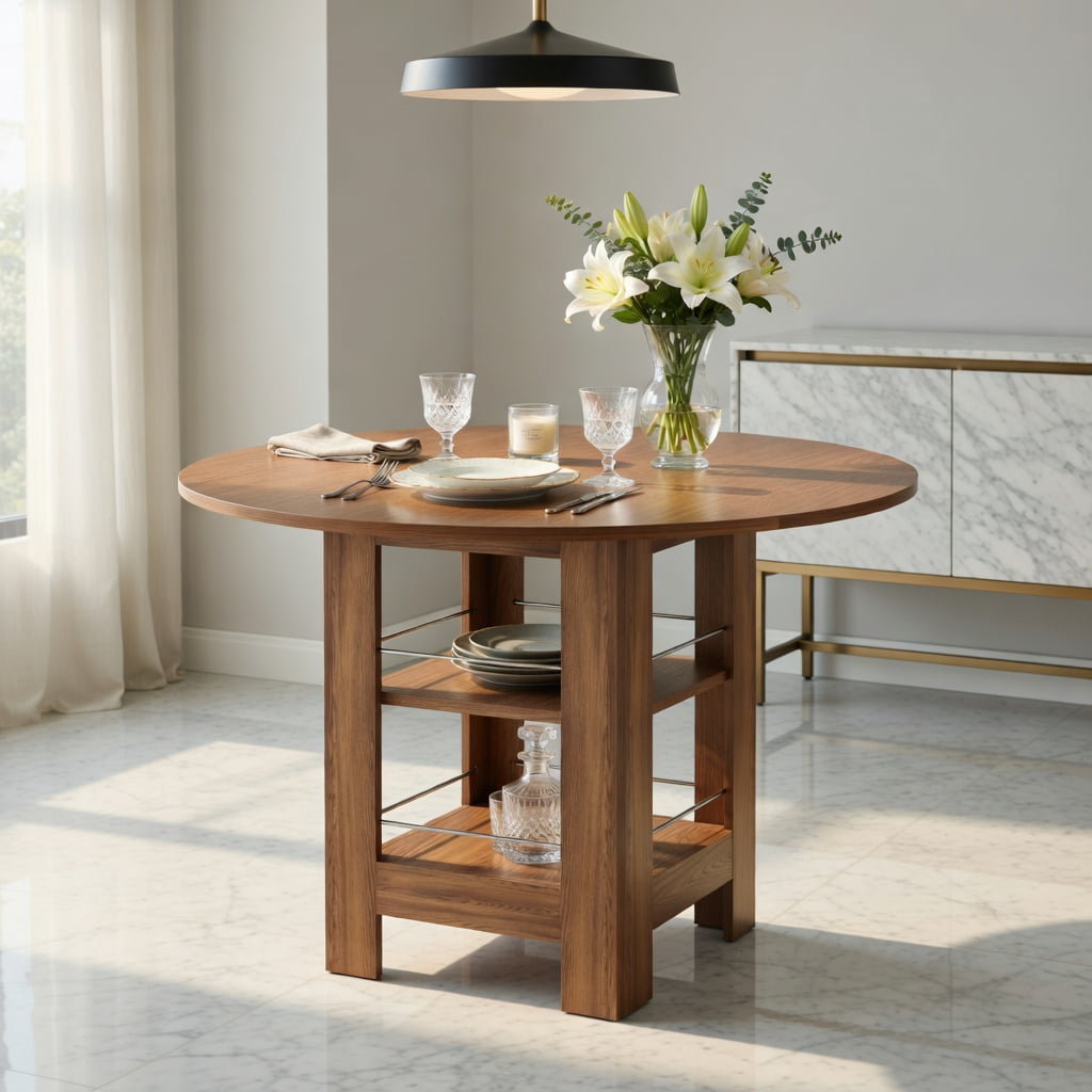 Hommoo 42" Round MDF Dining Table with Dual-Tier Storage Shelves, 30" Height, Non-Slip Pads, Modern Farmhouse Style for Kitchens & Small Apartments, Walnut