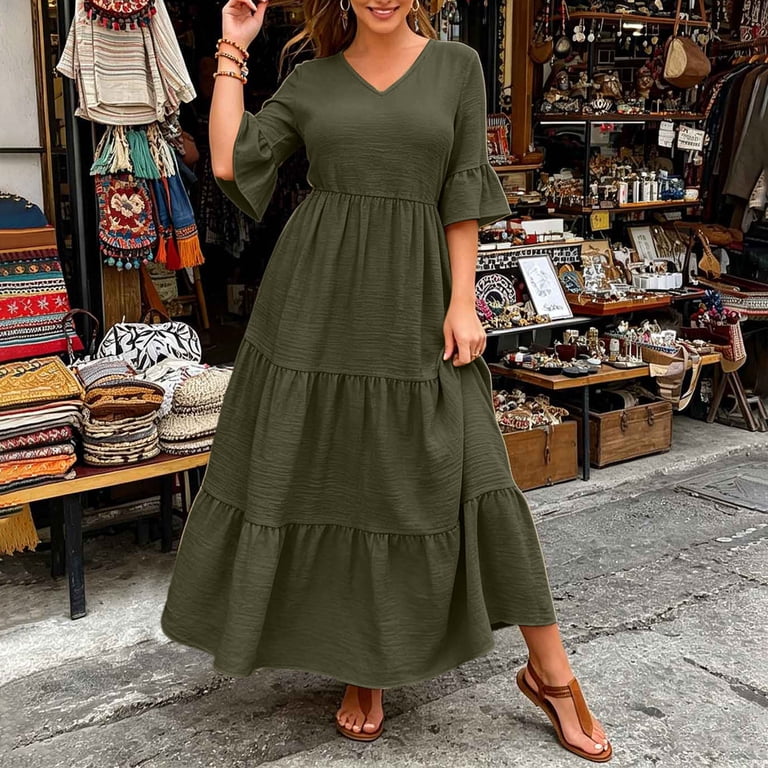 loose peplum dress HVOBTTY Summer Women's Short Sleeve Mid-Length Peplum Dress Layered V Neck  Loose Plus Size Seaside Casual Solid Out Wear