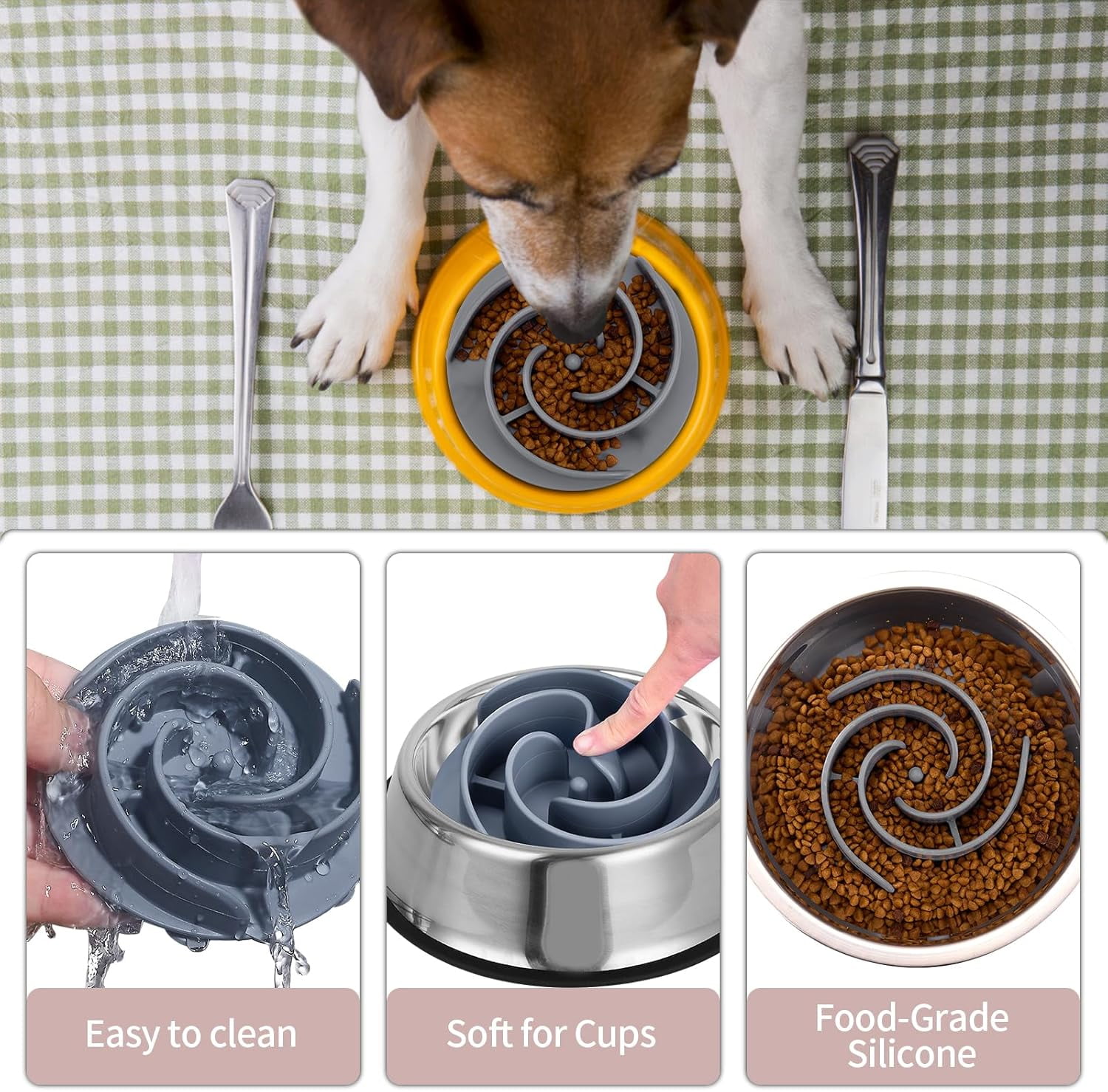 Slow Feeder Dog Bowls Insert,  Soft Silicone Slow Eating Feeder Insert with Suction Cups for Small, Medium and Large Dogs, Fit into Basic and Elevated Dog Bowls, Grey Grey,S
