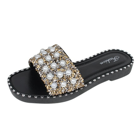 

Womens Fashion Pearl Crystal Thick Sole Flat Slip On Beach Slippers Shoes Summer Open Toe Slide Sandals Comfortable Flats Flip-Flops Sandal Casual Platforms Wedge Sandals Heeled Sandals A32952