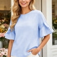 thumbnail image 5 of Xaqiouau Womens Gingham Ruffle Bell Sleeve Blouse Casual Crew Neck Check Print Summer Top, 5 of 7