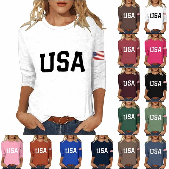 POIUYTR Women Memorial Day T-Shirts Casual Loose Crewneck 3/4 Sleeve Printed Shirts Holiday Trendy Soft Comfy Solid Color Tops
