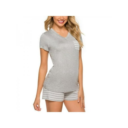 

Women Summer Pajamas Striped V-neck Short Sleeve Shorts Suit Home Service Women Set
