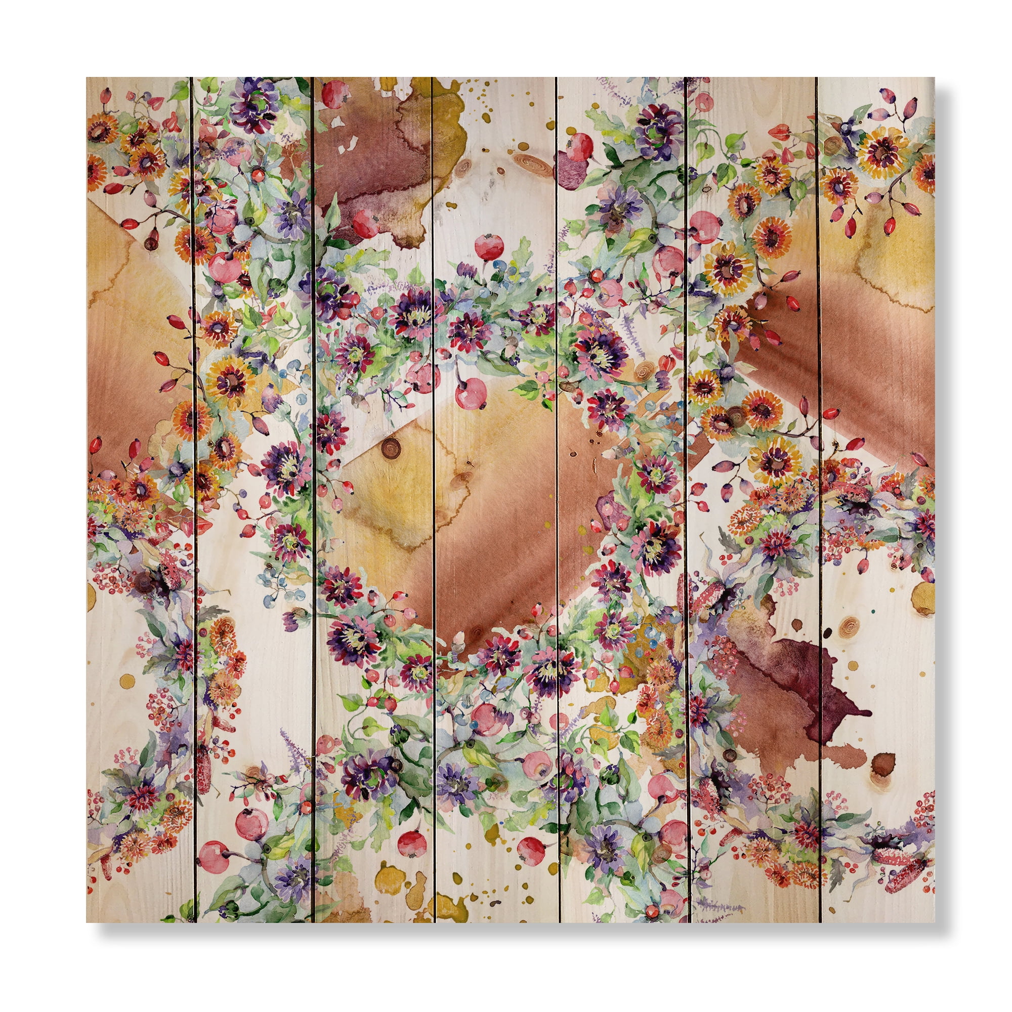 Designart 'Vibrant Wild Spring Leaves, Berries and Wildflowers' Modern Print on Natural Pine Wood