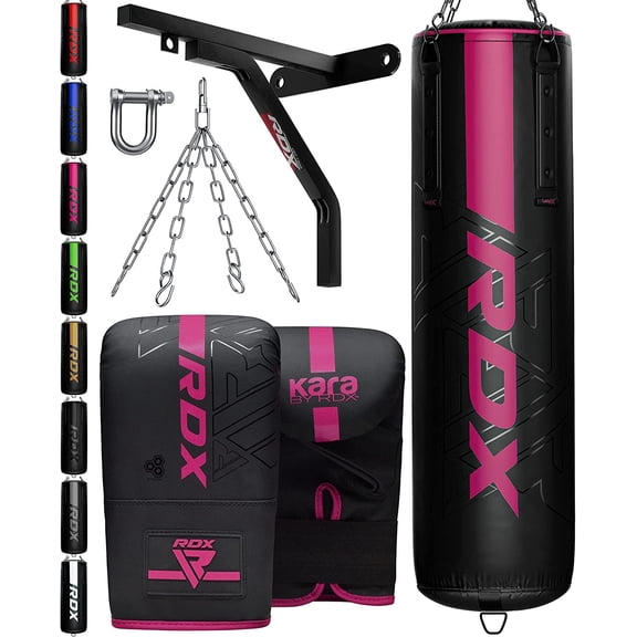 RDX 4PC Punching Bag Anti Swing Heavy Filled Set, Non Tear Maya Hide Leather Adult Bag with Ceiling Hook Punching Gloves Chain, Kickboxing Boxing MMA Muay Thai Karate Training, 60 lb, 80 lb