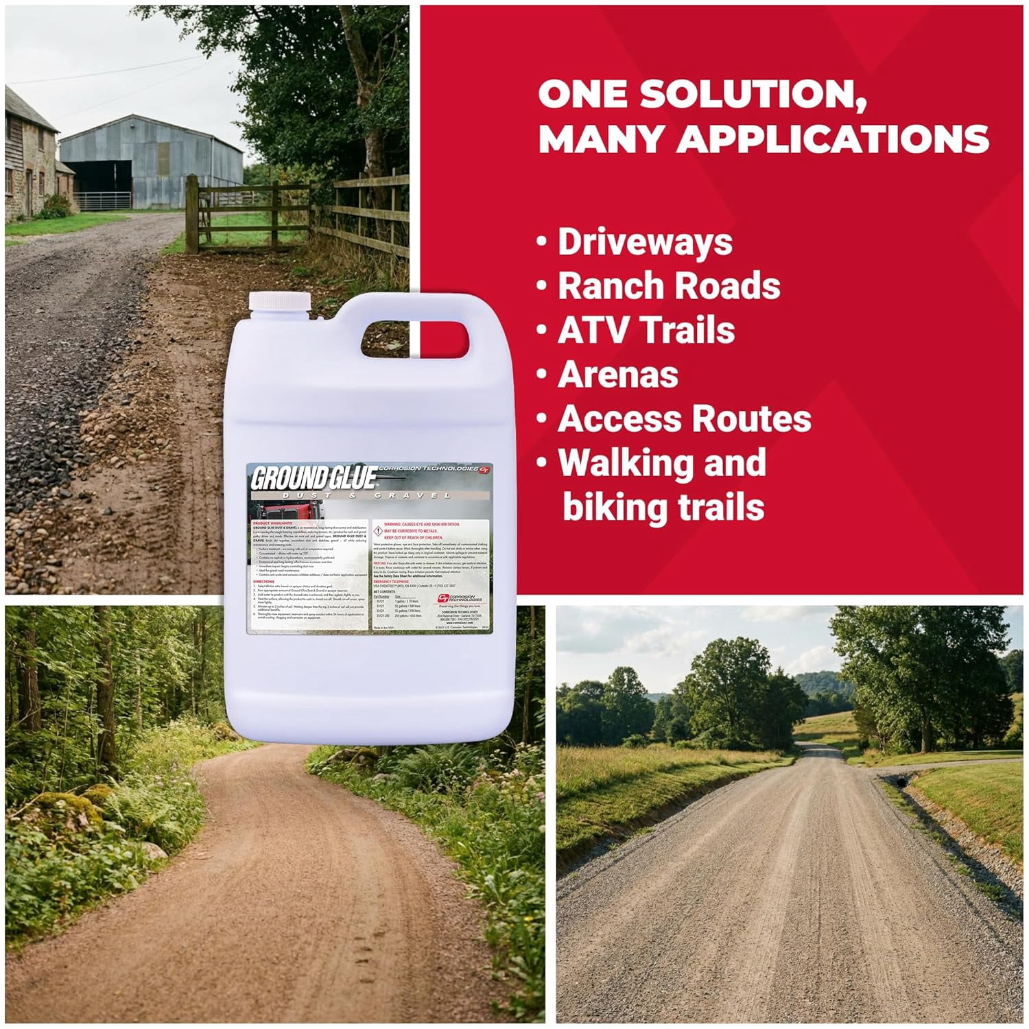 Corrosion Technologies Ground Glue Dust & Gravel, Dust Control Binder for Paths, Roads, Driveways, Ranch & ATV Trails, Super Concentrated Formula for Outdoor Soil & Rock Stabilization, 55 gallon