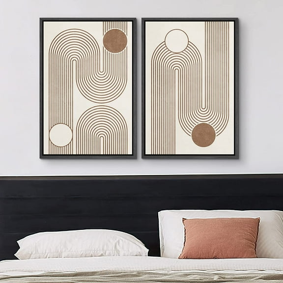 IDEA4WALL Framed Canvas Print Wall Art Set of 2 Geometric Mid-Century Circle Line Polygons Abstract Modern Art Decorative Boho Contemporary Artwork for Bedroom, Office - 24"x36"x2 Panels Black