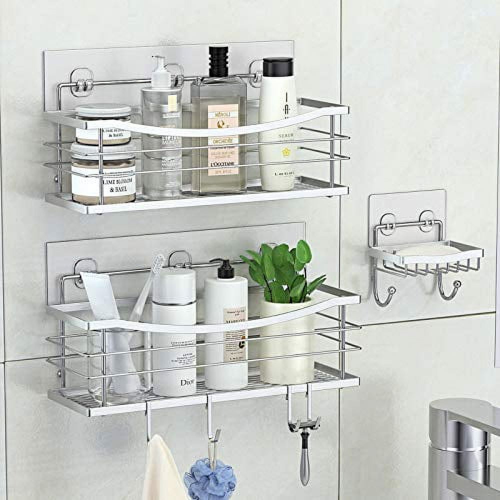 Orimade Corner Shower Caddy Stainless Steel with Hooks Wall Mounted  Bathroom Shelf Storage Organizer Adhesive No Drilling 2 Pack, Silver Only  for