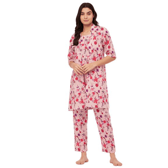 Moomaya Sleepwear, 3 Pcs Cotton Loungewear Set, Printed Top Pajama & Shrug Night Suit Set