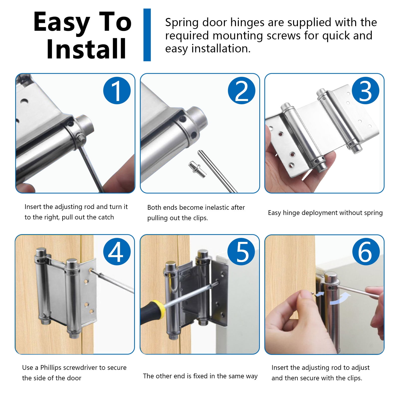 4 Pack 3" Double Action Spring Hinges, Self Closing Door Hinges for Saloon Cafe Pub Swinging Doors, Including Pins and Screws