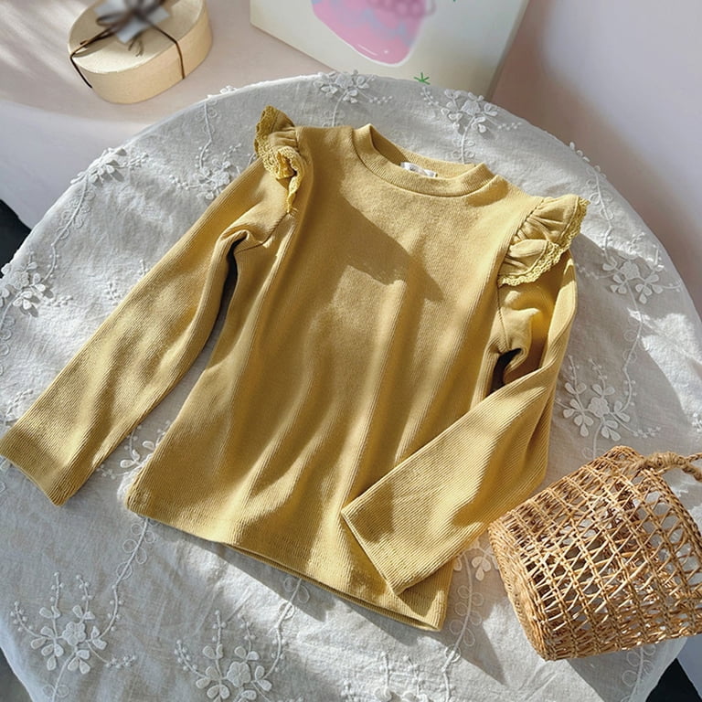 Girls Solid Long Sleeve Top Lightweight Crew Neck Tees Elegant Lace ...