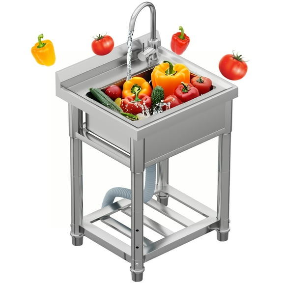 Freestanding Stainless Steel Utility Sink, Single Bowl with Dual Faucet Connections, Adjustable Legs for Kitchen, Laundry Room, Pet Washing Station, Ideal Small Dog Bath Tub