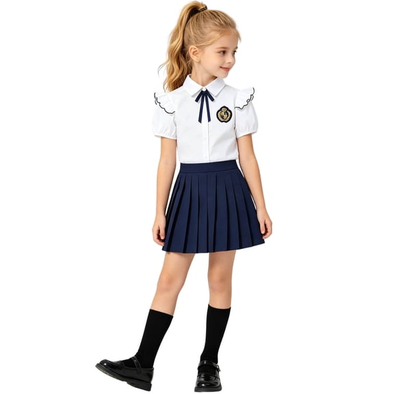 ZToonmas Girls 4 Piece Back to School Preppy Uniform Outfit Set for 3-15 Years Teens Ruffle Puff Short Sleeve Lapel Shirt and Pleated Skirt with Bow Tie and Crest Badge
