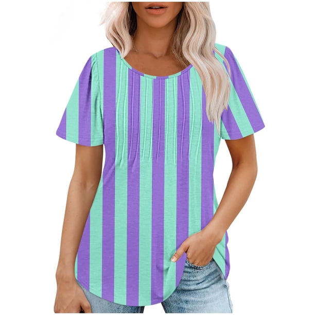 Tops Cortos para las Mujeres Cuello Redondo Suelto Impreso de Manga Corta, Tops Sueltos para las Mujeres