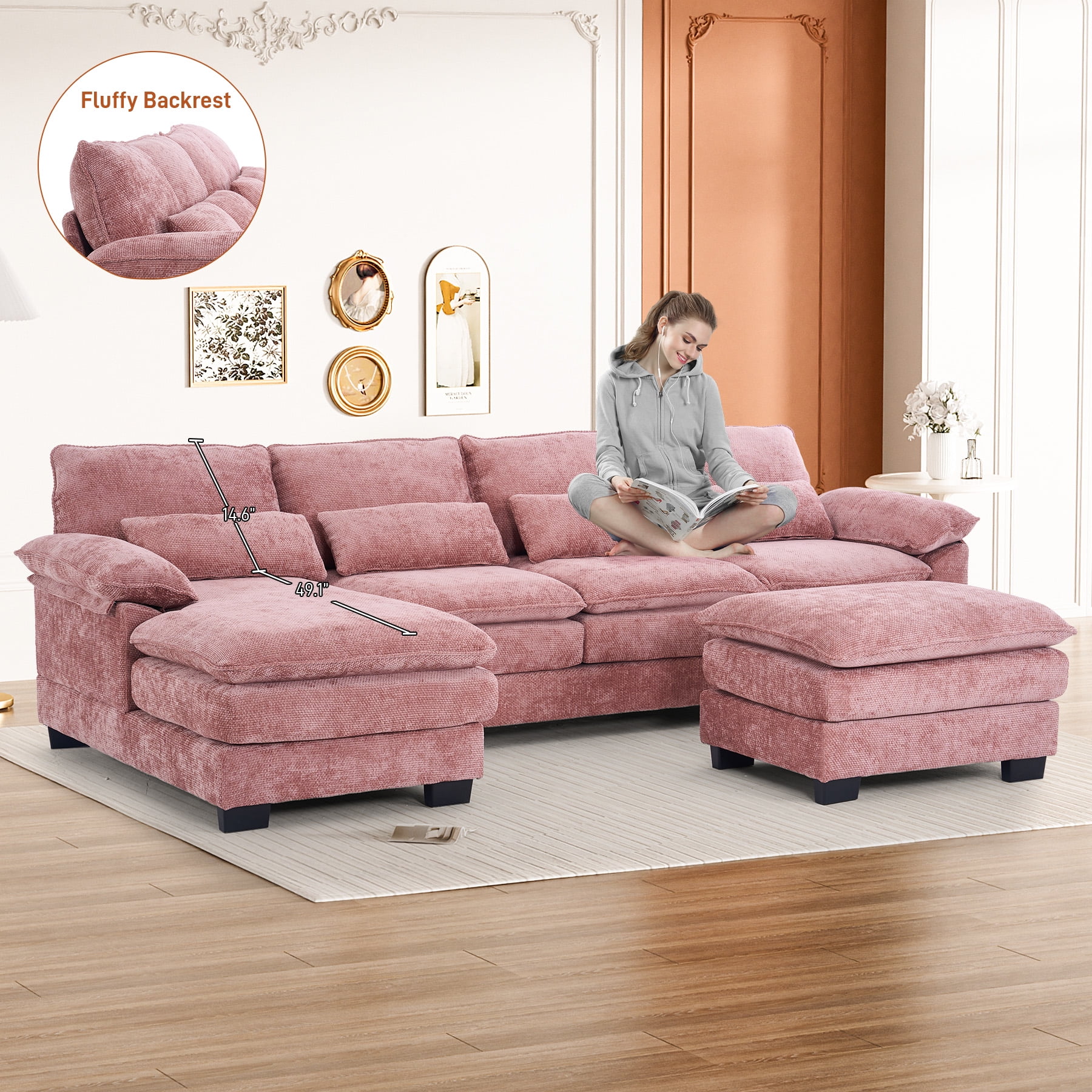 Rophefx 114.3" U Shaped Sectional Couches for Living Room,Cloud Couch,4 Seats Chenille Couch with Double Layer Cushion,Pink