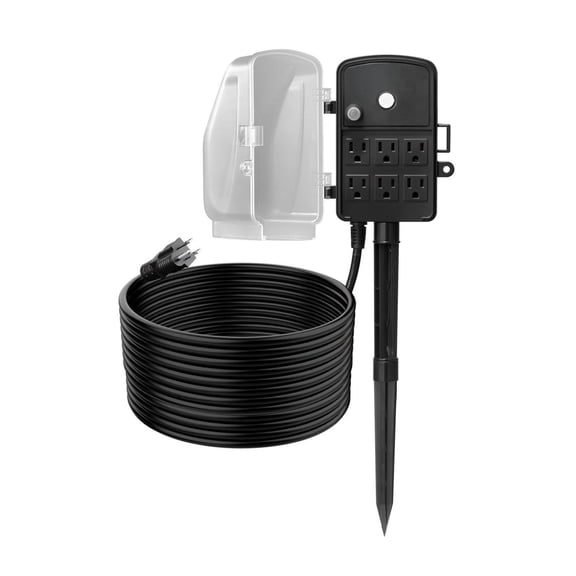 Outdoor Power Stake, 25 FT Extension Cord, Outdoor Power Strip Weatherproof with Cover and Overload Protection, 6 Outlets, 15A/1875W, Waterproof Multi-Outlet Yard Stake for Christmas Lights