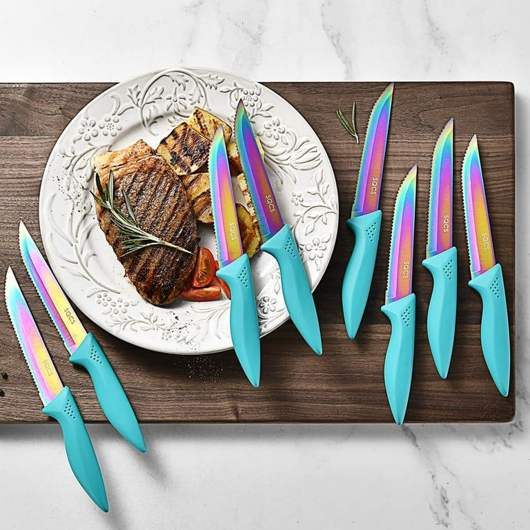 Rainbow Knife Set,18 Pcs Kitchen Knives Set, Sharp Stainless Steel Knife  Sets Contain 8 Steak Knives, Sharpener, Peeler, Clear Acrylic  Stand,Dishwasher Safe,Best Gift,Turquoise Handle 