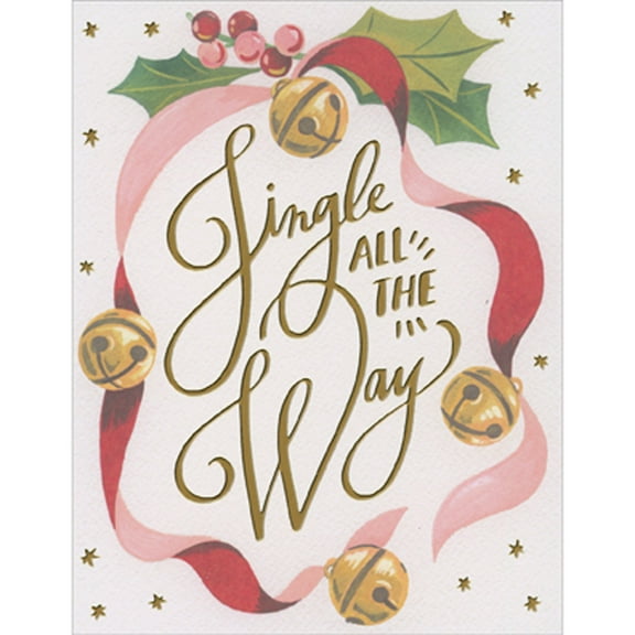 Designer Greetings Jingle All the Way Gold Foil Script: Bells on Red and Pink Ribbon Christmas Card